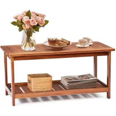 VINGLI Outdoor Wooden Coffee Table, 2-Tier Storage Rectangle Patio Coffee Table for Outside, Solid Wood Low Outdoor Table for Balcony Porch and Deck | Target