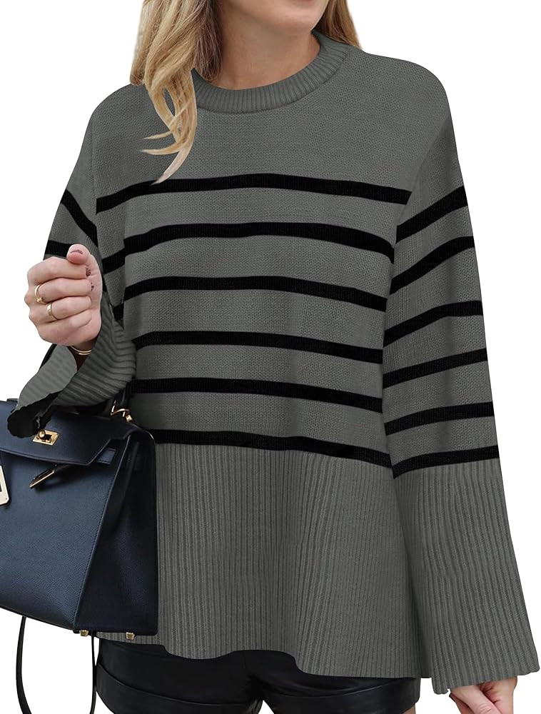 ZESICA Women's 2024 Fall Winter Striped Sweaters Long Sleeve Crew Neck Ribbed Knit Side Slit Over... | Amazon (US)