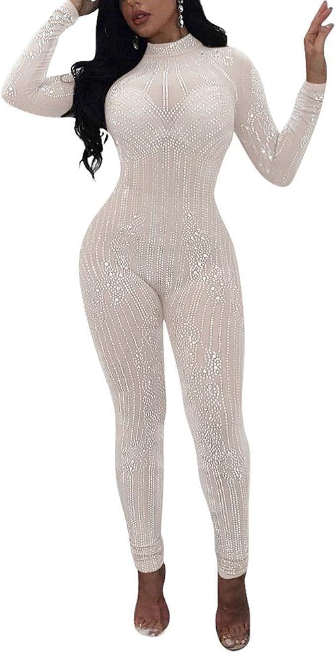 MS Mouse Womens Sexy Mesh See Through Rhinestone Bodycon Club Jumpsuit Romper | Amazon (US)