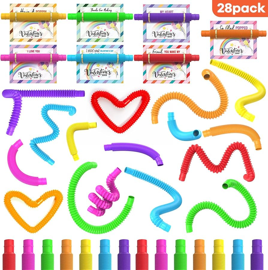 Pop Tubes With Valentines Day Gift Cards Set, Valentine Favors for Kids, 28pcs Stretchy Tube Sens... | Amazon (US)