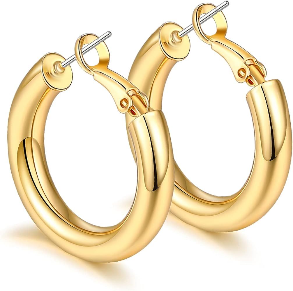 sovesi Chunky Gold Hoop Earrings for Women, 14K Real Gold Plated Gold Hoops Earrings, Hollow Tube Th | Amazon (US)
