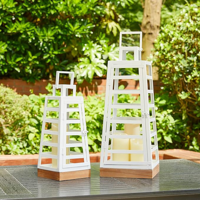 Glitzhome 2Pack Modern Trapezoid Metal/Wood Hanging Lanterns, Large Decorative Candle Lanterns fo... | Amazon (US)