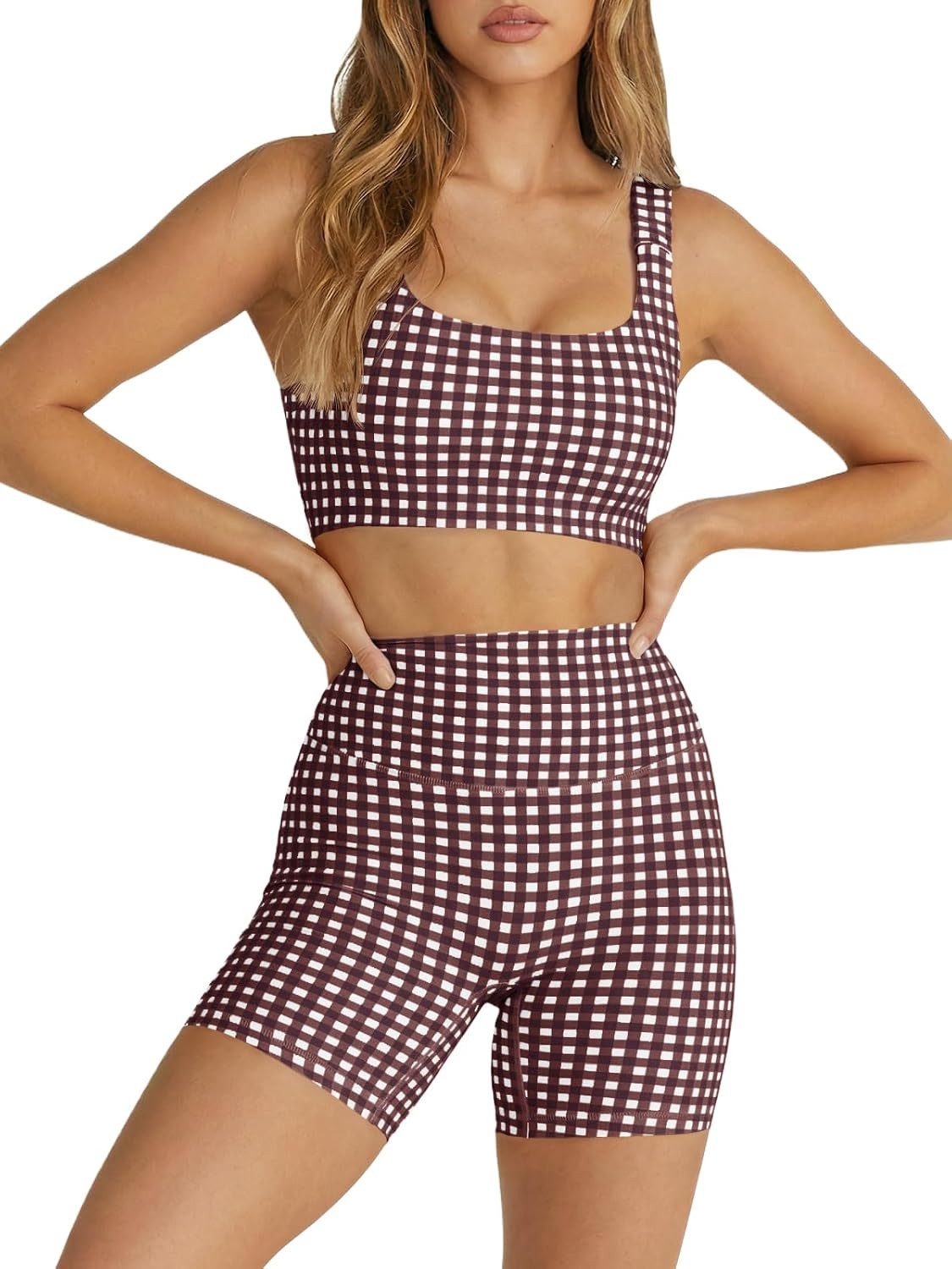 Womens Workout Gingham 2 Piece Outfits Padded Crop Tank Sports Shorts Sets | Padded, Open Back Crop Tank, High Waist Sports Shorts, Yoga Matching Sets, Workout Sets, Runing, Casual, Plaid | Amazon (US)