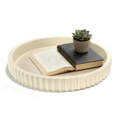 Decorative Tray For Coffee Table, 12'' Resin Modern Decorative Tray For Home Decor, Elegant Table Centerpiece Cream White Round Fluted Serving Vanity | Wayfair North America