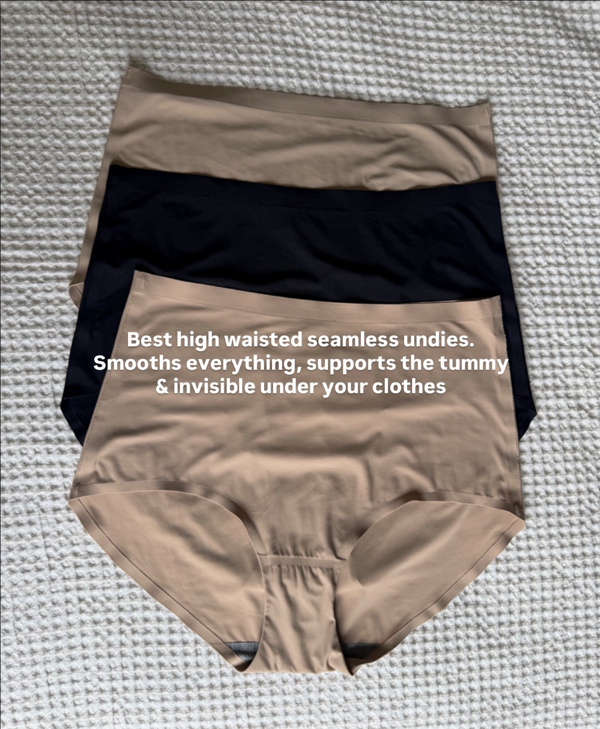 The best high waisted seamless undies, smoothing on your tummy full coverage and invisible under your clothes. I wear a size large (12/14) these come in briefs and thongs! They have a cotton lining, too  