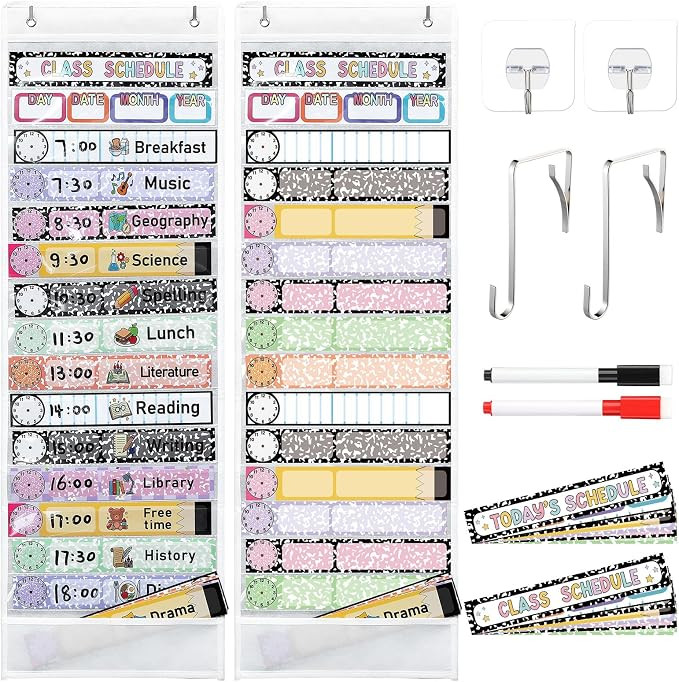15+1 Daily Schedule Pocket Chart with 32 Pcs Double-Sided Reusable Cards 2 Erasable Pens and 2 Ha... | Amazon (US)