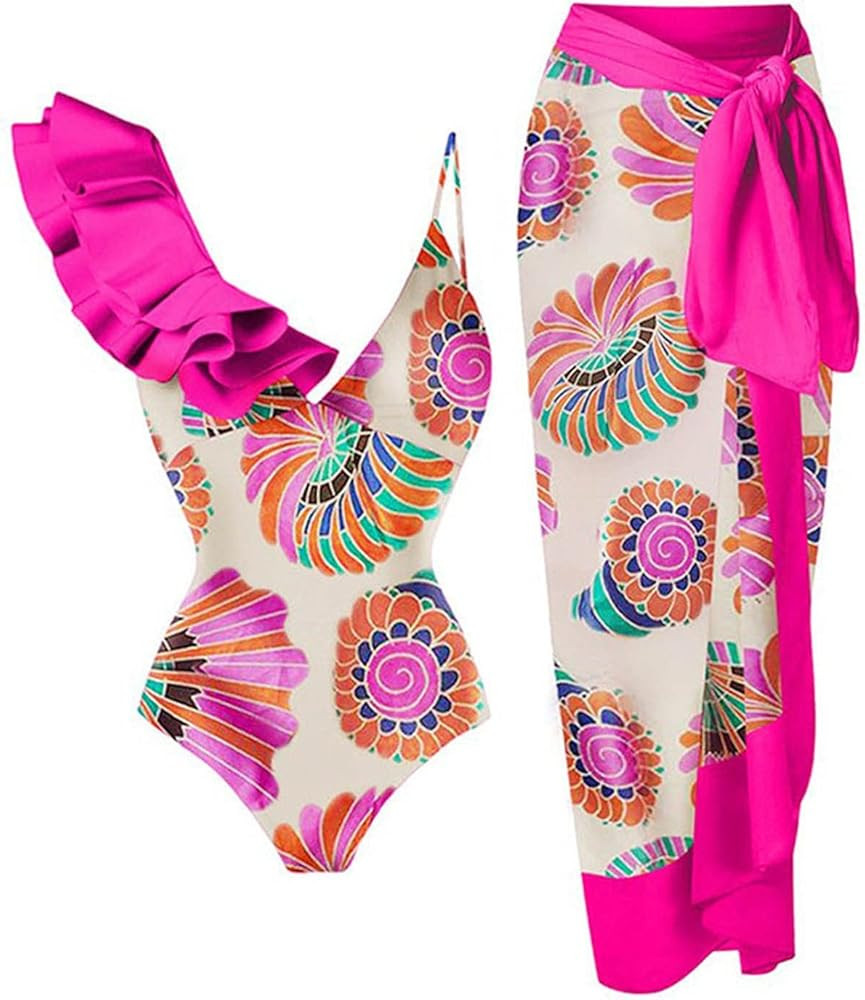 One Piece Bathing Suit for Women with Maxi Wrap Skirt 2 Piece Vintage Floral Print Swimsuit Tummy... | Amazon (US)