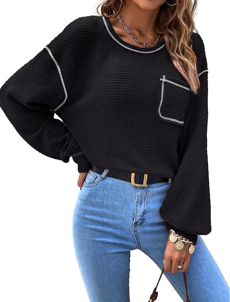 Prettywear Women's Casual Crew Neck Waffle Knit Tops Long Sleeve Drop Shoulder Shirt Loose Pullovers with Pockets | Amazon (US)
