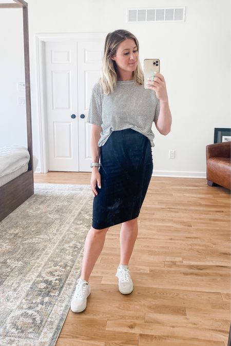 OOTD for brunch with the ladies! This tee is a perfect cropped, boxy fit and on clearance for $8 🤯 add my favorite maternity skirt and sneakers and you’re good to go! Also you bet I wear my favorite biker shorts every outfit I can… a pregnancy must. 

#tee #stripedtee #croppedtee #maternity #maternityskirt #sneakers #veja #ootd 

#LTKbump #LTKSeasonal #LTKsalealert