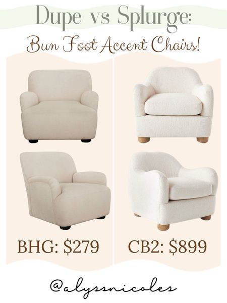 Boucle bun foot accent chairs save vs splurge 💰! The Walmart Better Homes and Gardens version of the best selling CB2 version is stunning!! Not to mention a quarter of the price 🫶🏻 both are stunning ! Cb2 is currently offering 20% off for their upholstery event 🌟 

Amber interiors 
Interior define
Living room chairs 
Neutral interior design 
Neutral furniture 


#LTKhome #LTKsalealert