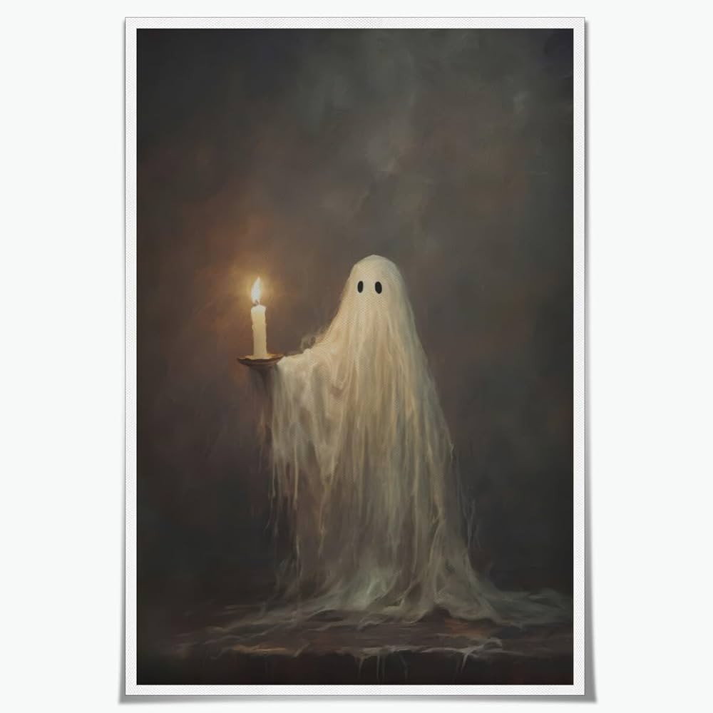 Vintage Halloween Wall Art Cute Ghost Poster Gothic Dark Academia Prints Ghost Holding Candle Can... | Amazon (US)