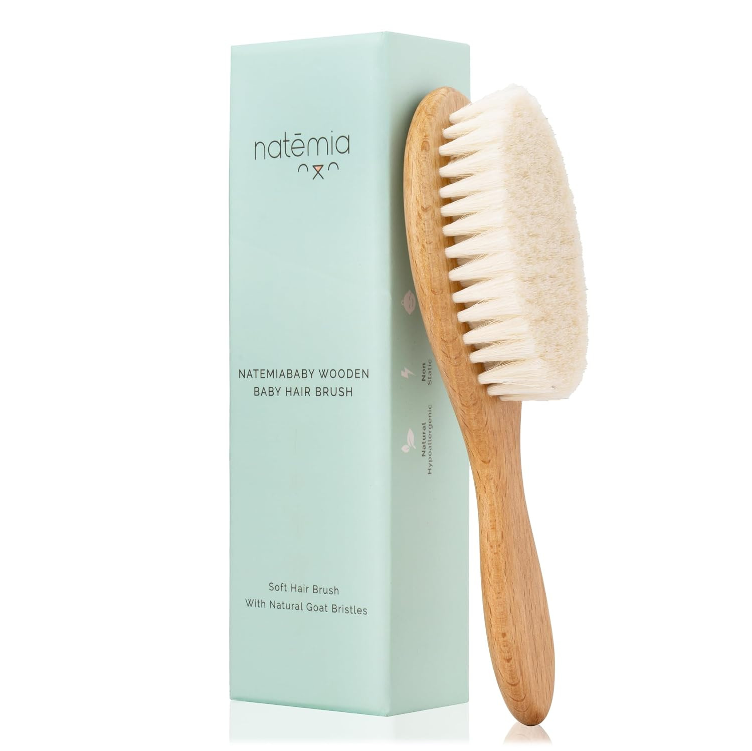 Natemia Wooden Baby Hair Brush - Natural Goat Hair Bristles - Gentle Soft Bristles for Scalp Massage - Cradle Cap Comb for Flake Removal - For Baby Grooming Kit & Toddler Hair Brush | Amazon (US)