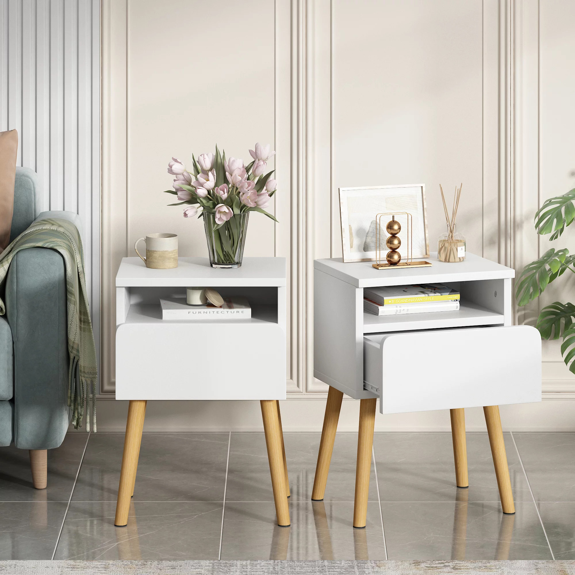 JAXPETYJaxpety Mid-Century Set of 2 Wood Nightstand W/ 1 Drawer, Bedside Table End Table Adult Be... | Walmart (US)