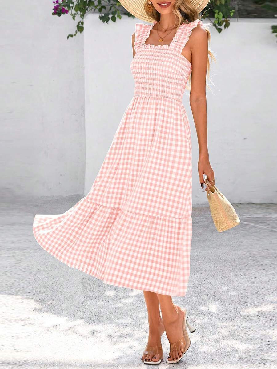 LocalWomens Summer Dress Casual Square Neck Ruffle Strap Gingham Smocked Midi Flowy A Line Beach ... | SHEIN