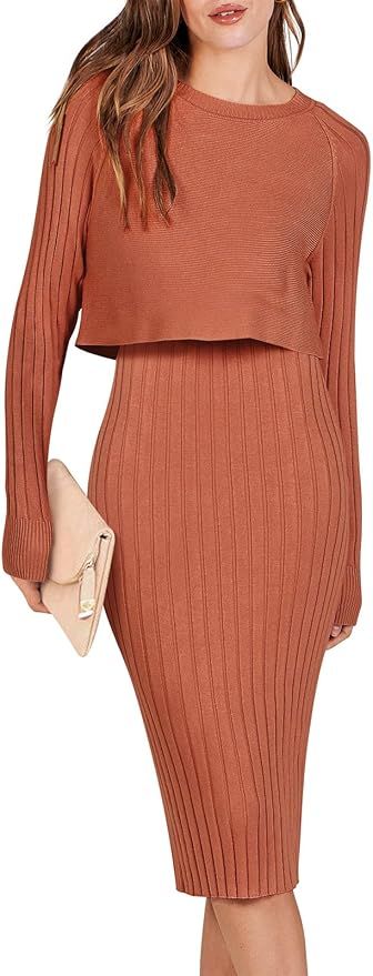 ANRABESS Women Casual Two Piece Outfits Long Sleeve Ribbed Knit Crop Top and Bodycon Midi Dresses... | Amazon (US)