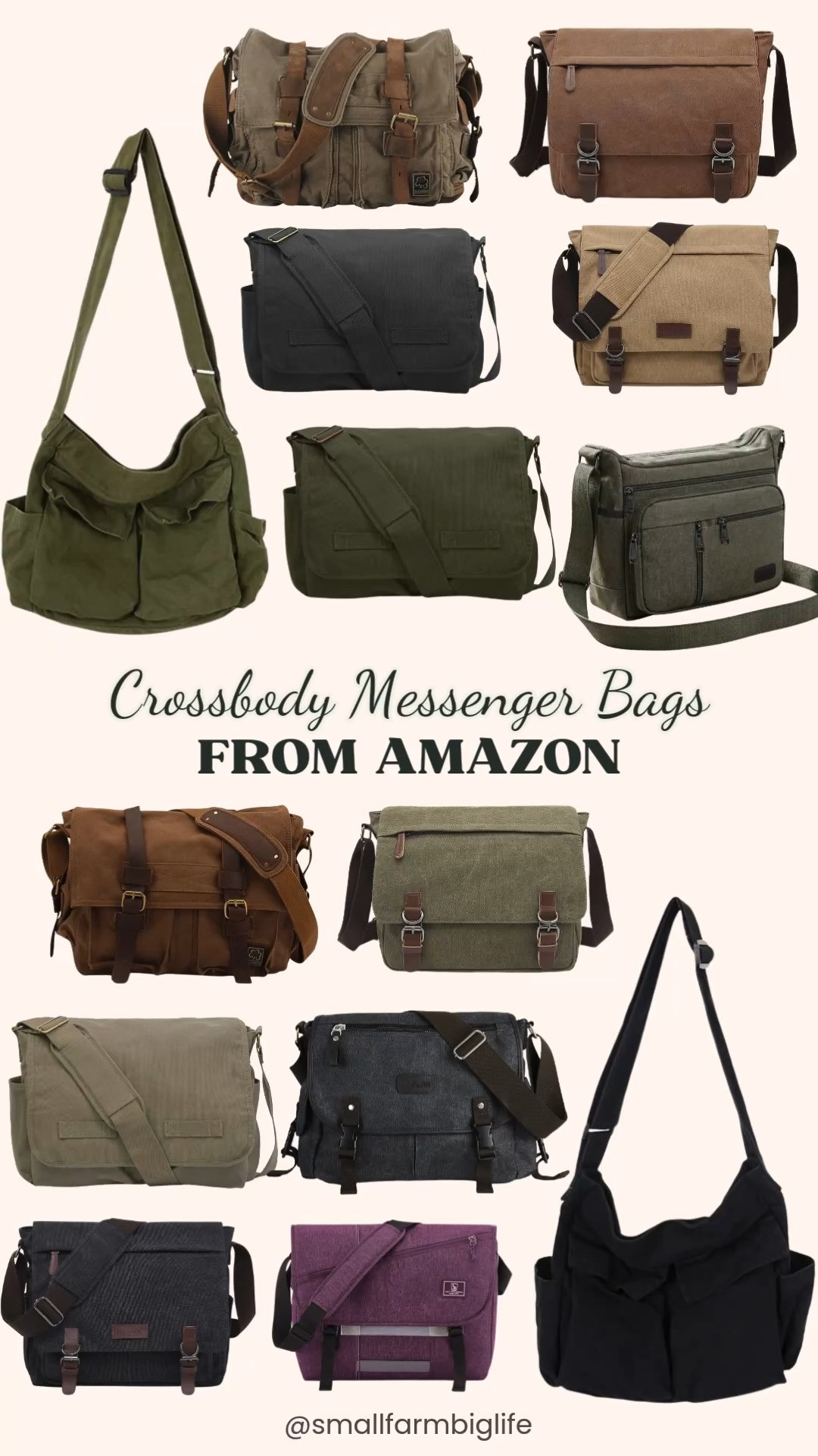 Crossbody Messenger Bags From Amazon 🍂 Vintage canvas messenger bags are a big fall trend, and these Amazon finds are stylish, roomy, and so practical for everyday use. You'll find classic army green, light army green, brown, tan, black, washed black with a brown handle, and even a fun purple, with many styles featuring leather trim for that timeless vintage look. Most of these crossbody bags fit a 15 inch laptop, making them great work bags for business casual workwear, commuting, or running errands. They're also perfect travel bags and school bags, with multiple pockets to keep everything organized. Pair one with your favorite fall outfits for an easy, polished look that works for women over 50 and beyond!

#amazonfinds #amazonfashion #messengerbag #crossbodybag #fallaccessories 

 #LTKootd #LTKOver40 #LTKWorkwear