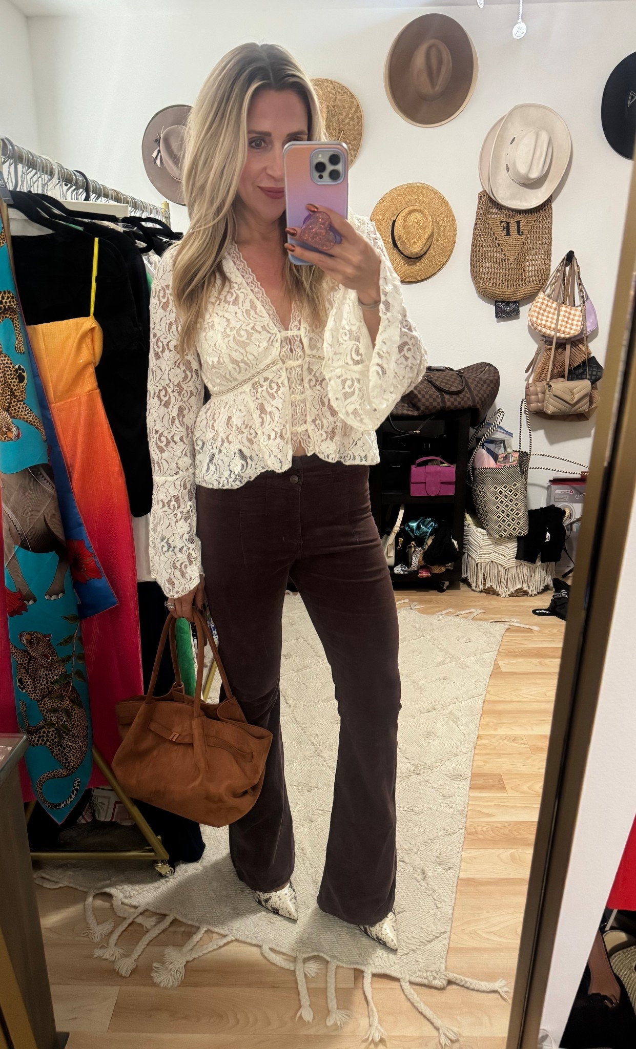 Love these flare corduroy pants!! Paired with fun lace top, snakeskin heels and my favorite affordable suede bag! 

#LTKOver40 #LTKItBag #LTKSeasonal