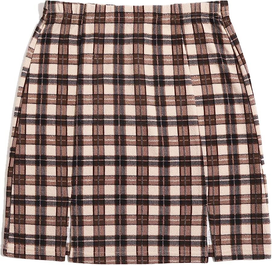 SheIn Women's Tartan Plaid Split Hem Above Knee Bodycon Skinny Mini Skirt | Amazon (US)