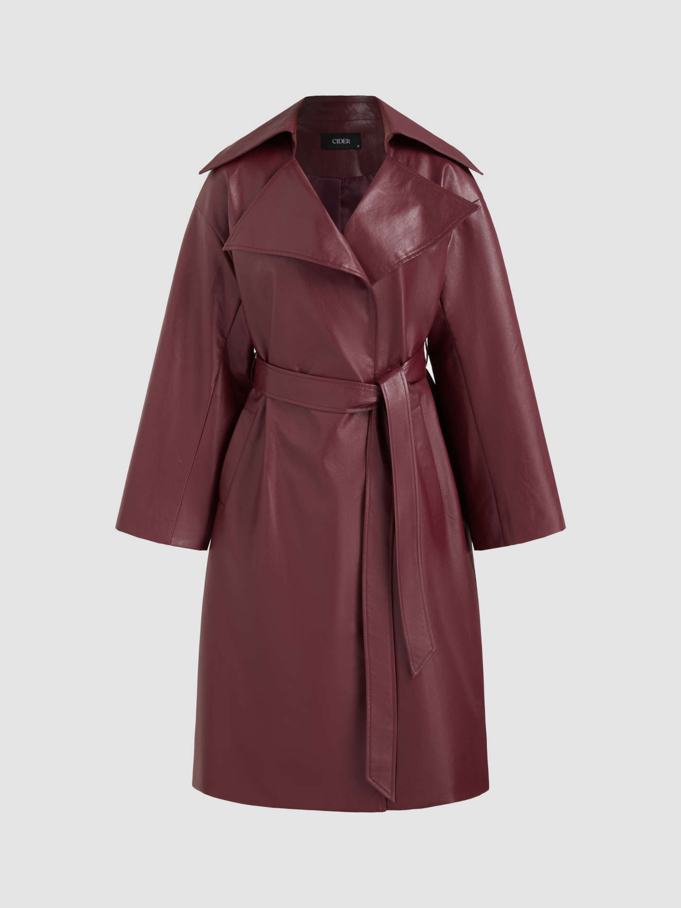 Faux Leather Collar Solid Pocket Trench Coat With Belt | Cider