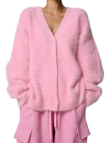 COZYPOIN Womens Fuzzy Cardigan Sweater V Neck Long Sleeve Button Down Soft Furry Top Slouchy Drop Shoulder Knit Coat Pink | Amazon (US)