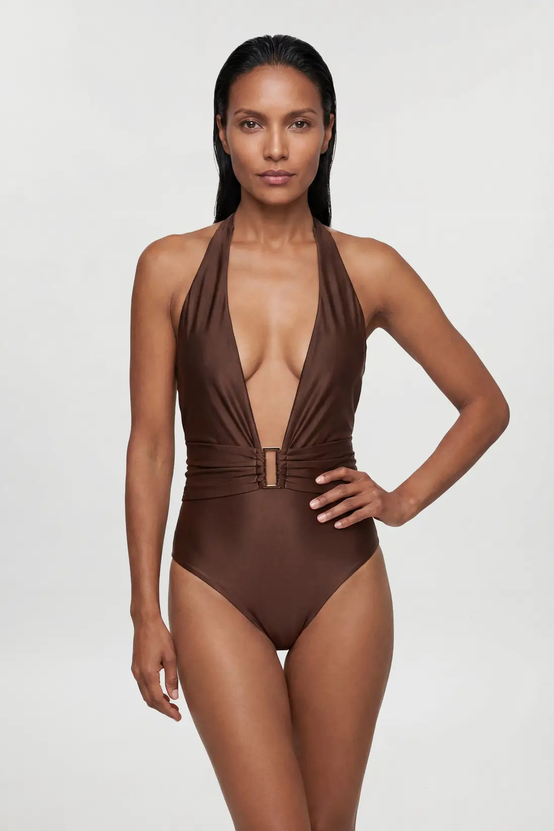 Metallic Halter Neck Hardware Detail Plunge Swimsuit | Karen Millen