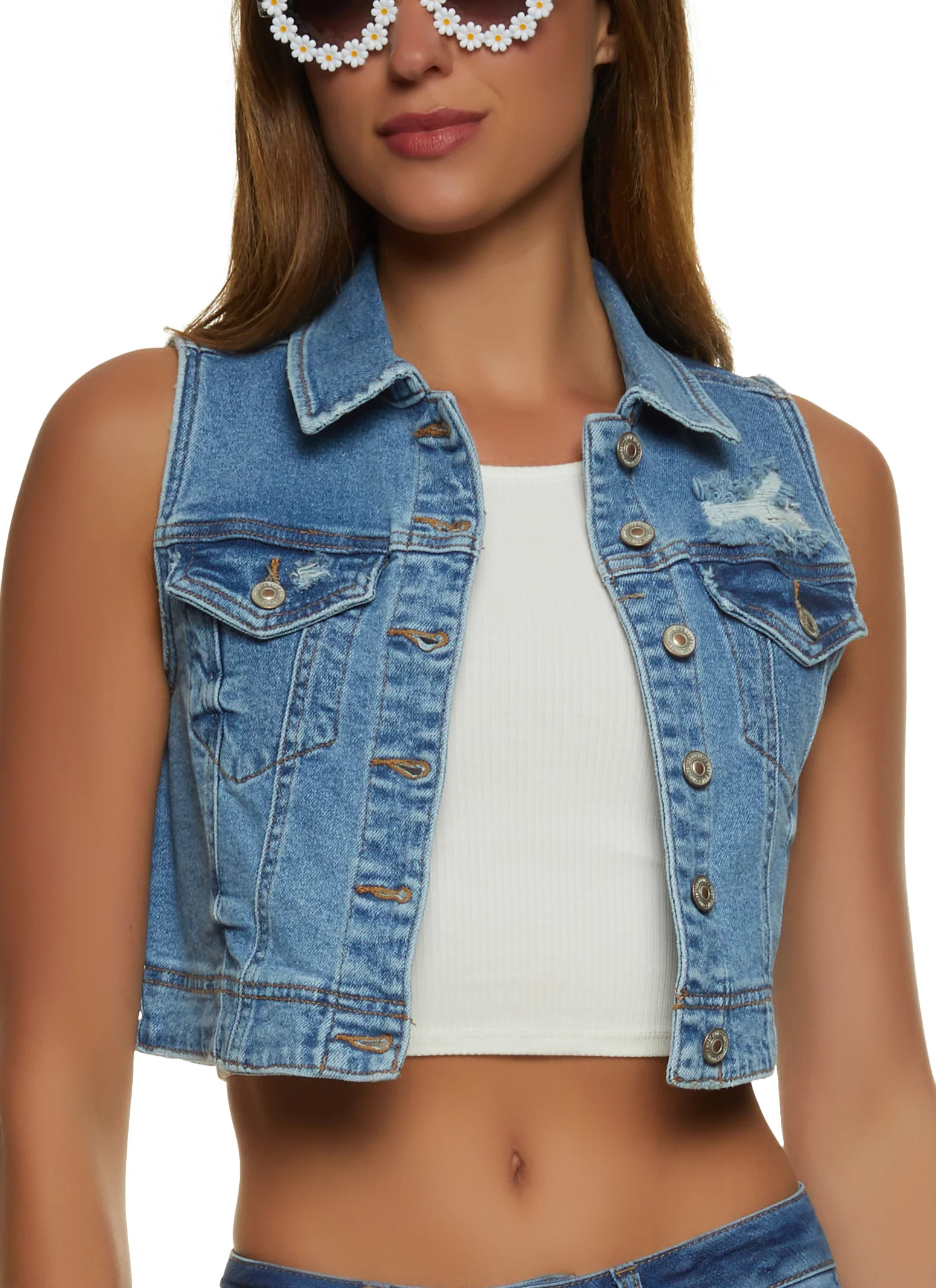 WAX Distressed Denim Cropped Vest | Rainbow Shops