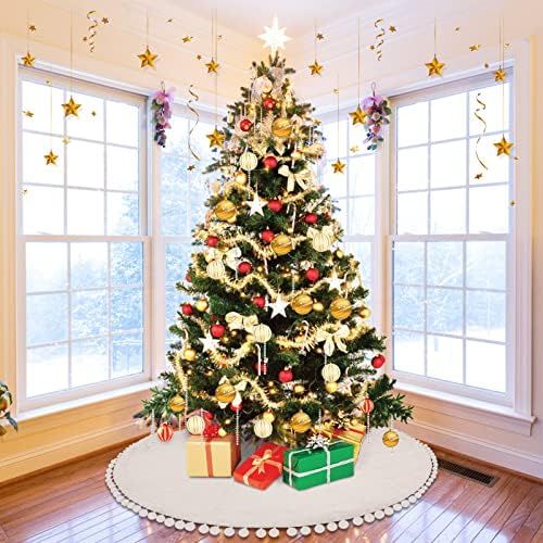 Kentaly Christmas Tree Skirt White Plush Faux Fur Xmas Tree Skirt with Pom Pom Trim for Holiday C... | Amazon (US)