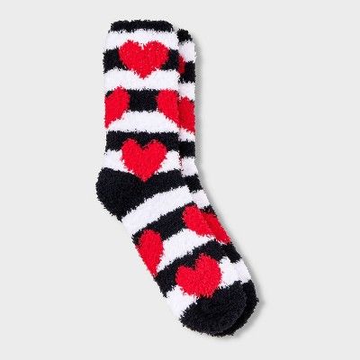 Women's Stripes & Hearts Valentine's Day Cozy Crew Socks - Black/White/Red 4-10 | Target