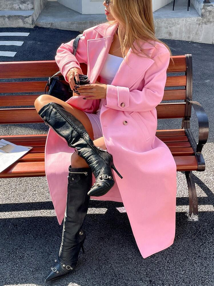 SHEIN Clasi Women French Vintage Pink Notched Collar Double-Breasted Loose Long Overcoat Jacket, Autumn/Winter | SHEIN