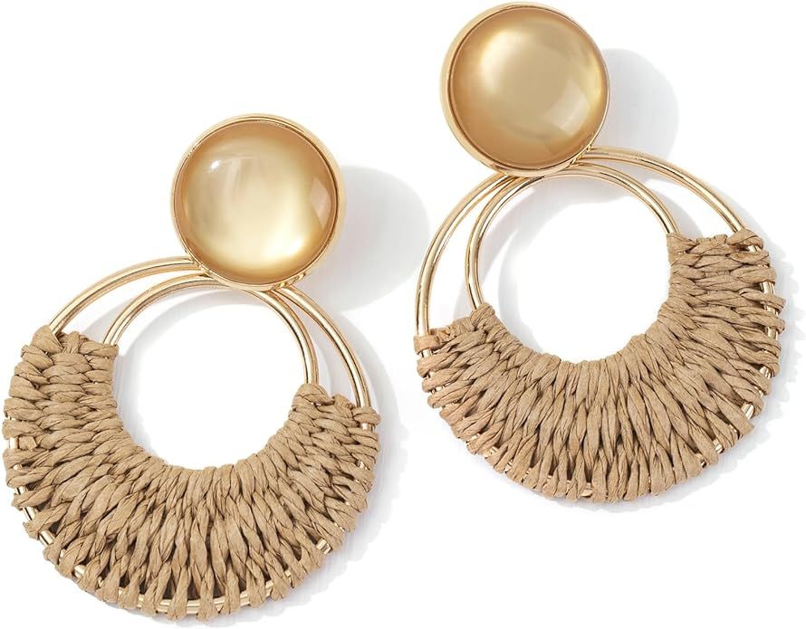 Boho Rattan Dangle Earrings for Women Trendy - Geometric Straw Raffia Earrings for Summer Beach V... | Amazon (US)