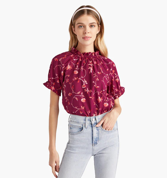 The Kit Top - Burgundy Botanical Poplin | Hill House Home