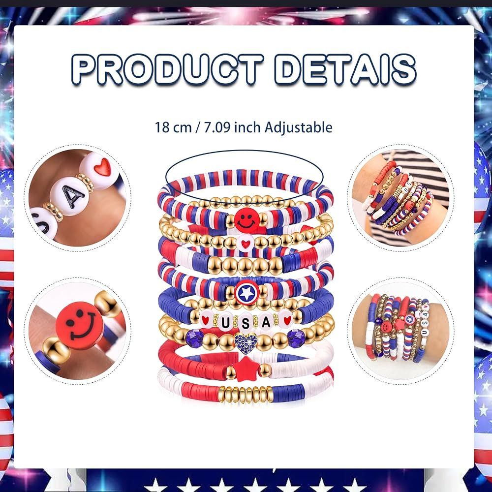 4th of July Accessories for Women Men Teens Red White Blue Clay Beaded Stackable Stretch Bracelet... | Amazon (US)