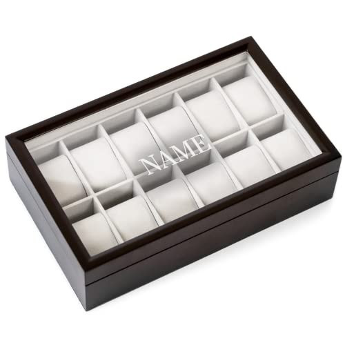 Monogrammed Solid Espresso 12 Slot Wood Watch Box Organizer with Glass Display Top by Case Elegance | Amazon (CA)