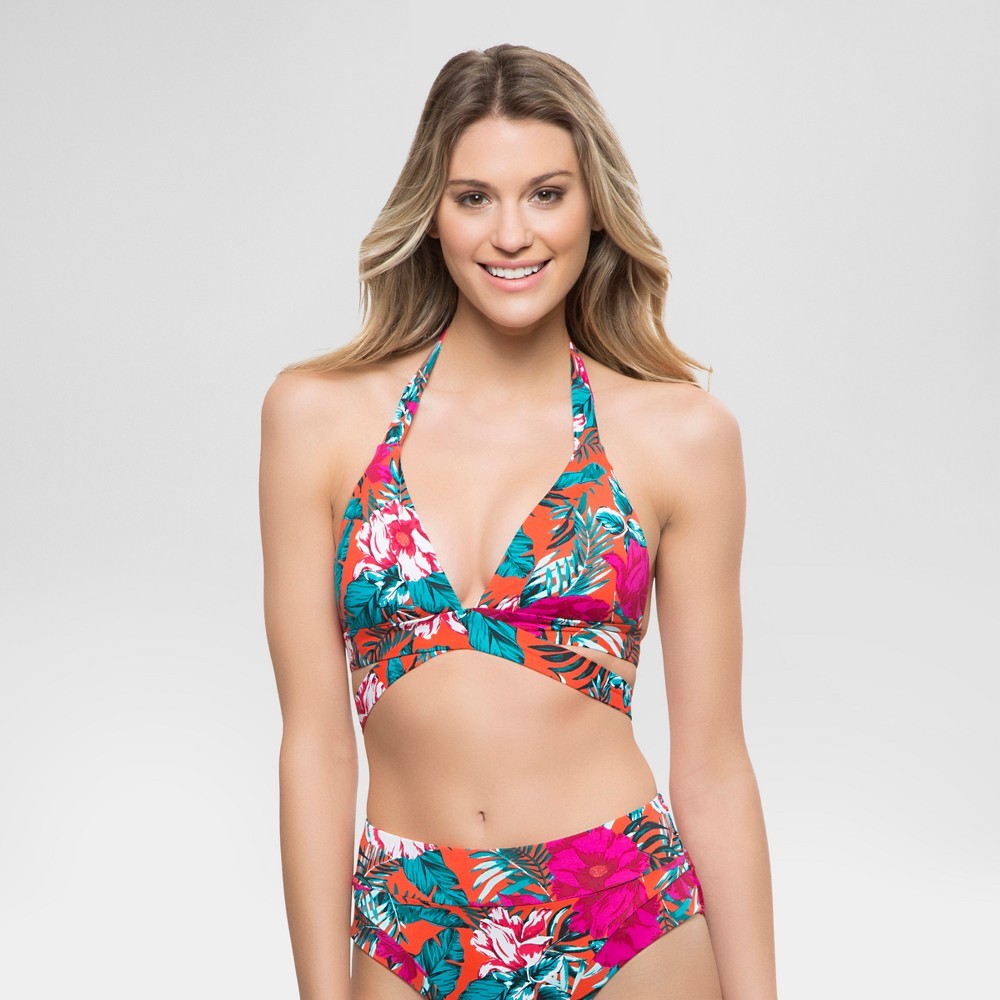 Women's Floral Halter Wrap Bikini Swim Top - Deep Orange - L - Sunn Lab Swim | Target