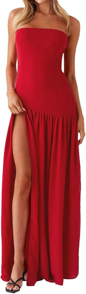 Women Tube Top Dress Tiger Stripe Mesh Patchwork Maxi Dress Strapless Sexy High Slit Long Dresses... | Amazon (US)