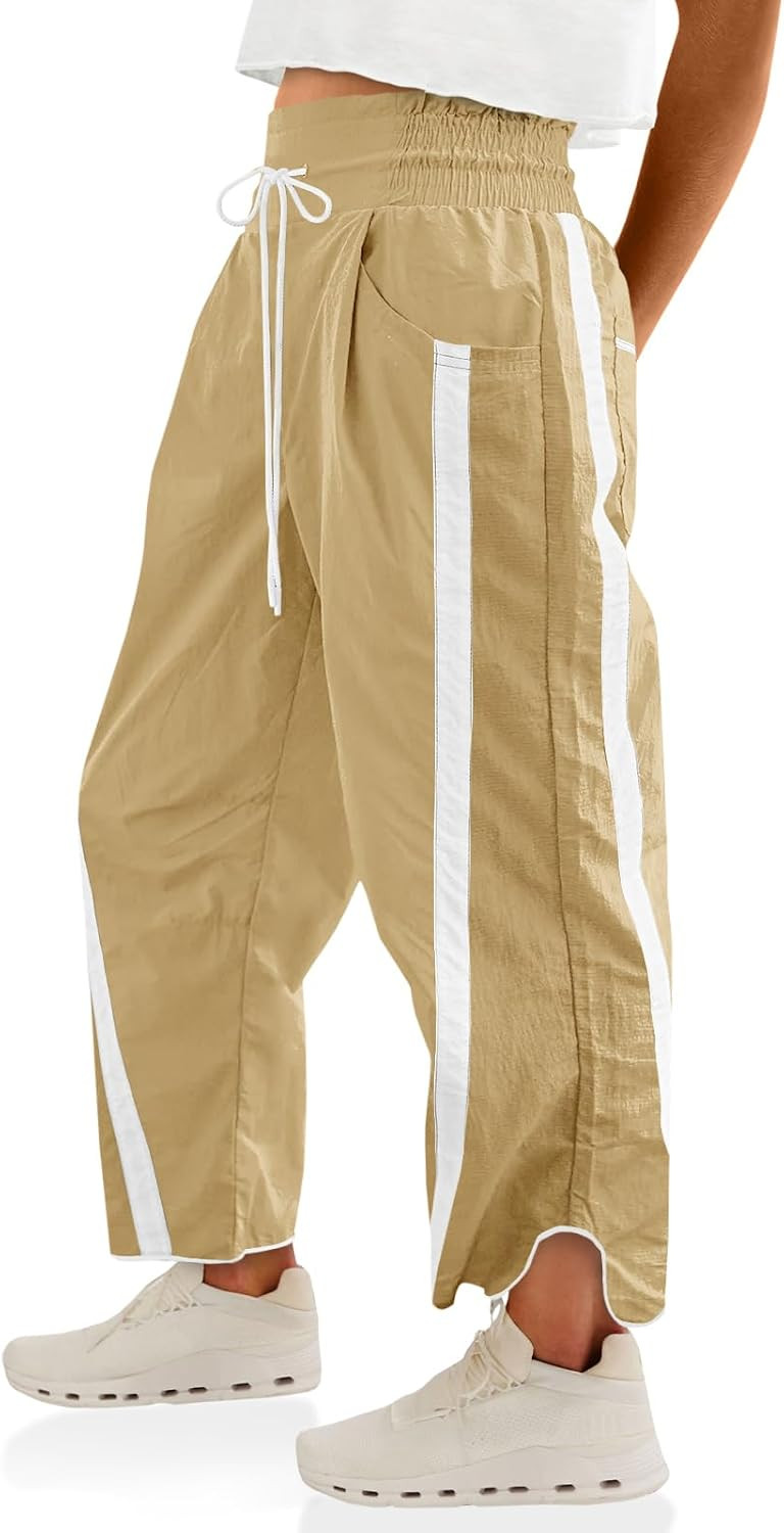 Fisoew Women's Baggy Wide Leg Pants Casual Drawstring Elastic Waisted Contrast Color Workout Y2K Track Pants | Amazon (US)