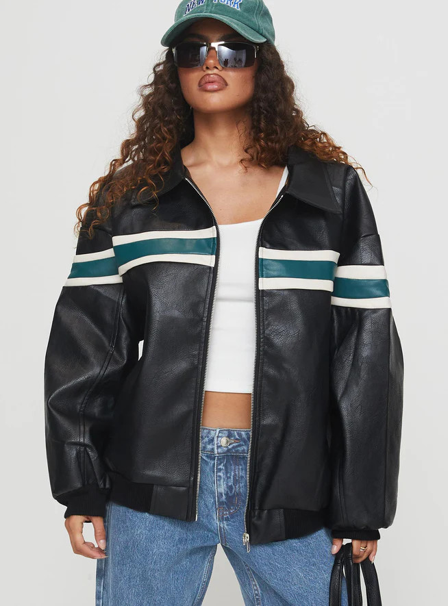 Goldsmith Faux Leather Bomber Jacket Black / Green | Princess Polly US