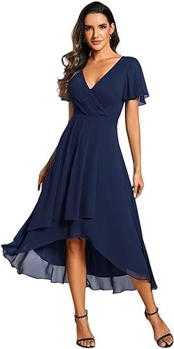 Ever-Pretty Women's A Line V Neck Ruffle Sleeves Pleated High Low Formal Dresses 02084 | Amazon (US)