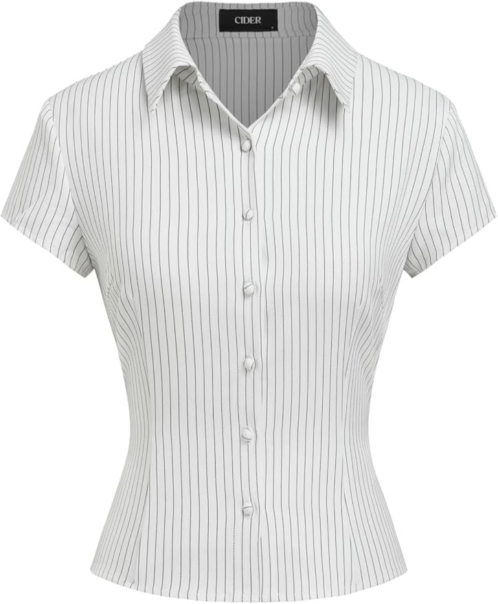 CIDER Women Striped Button Down Shirt Short Sleeve Collared Fitted Work Blouse Office Tops | Amazon (US)
