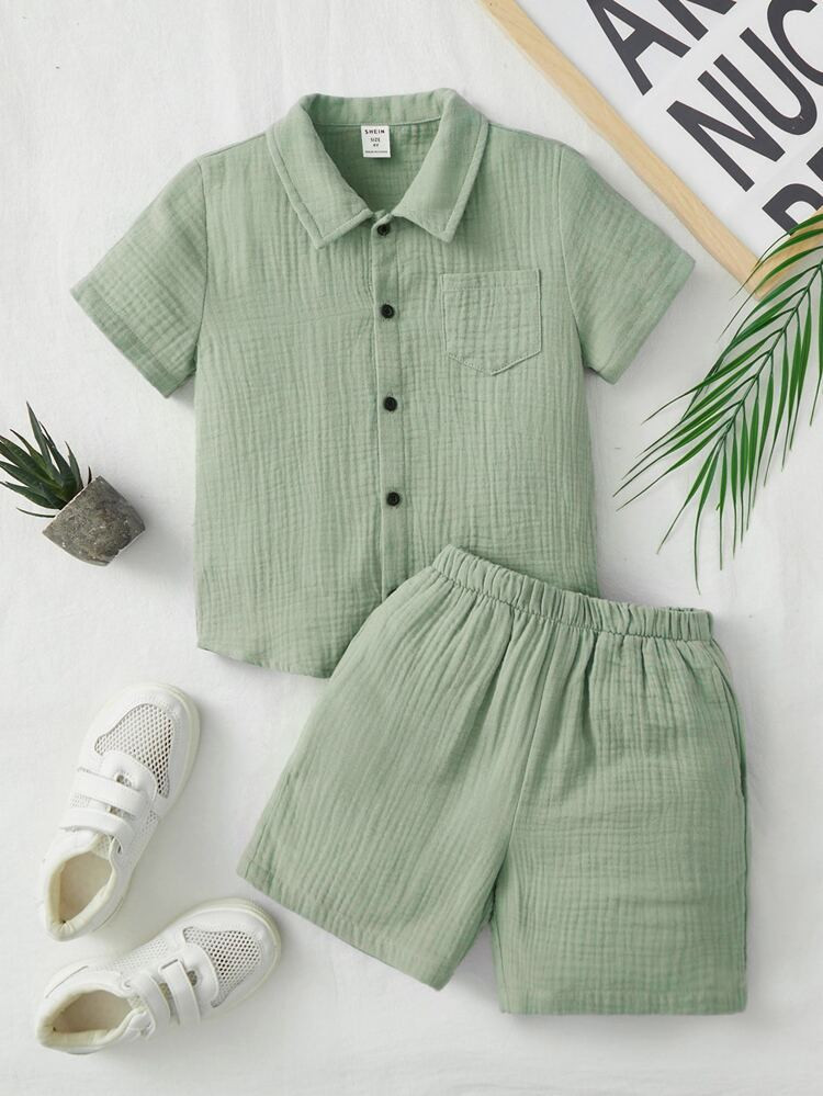 SHEIN Toddler Boys Button Front Shirt & Shorts | SHEIN
