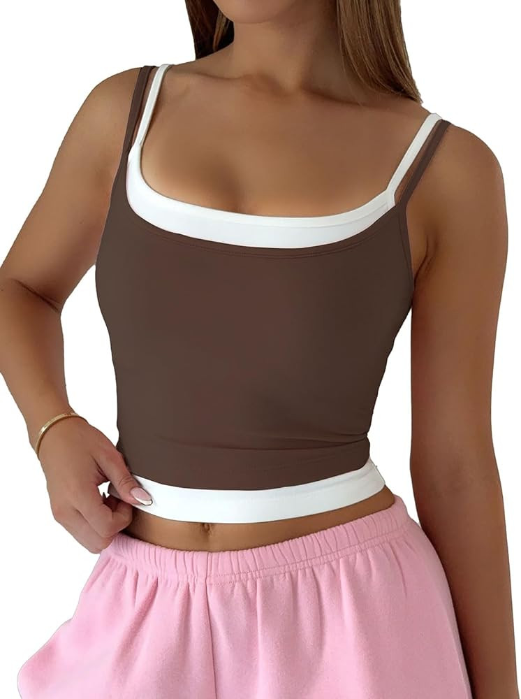Women\u2019s Faux Layered Crop Tank Top Slim Fit Spaghetti Strap Two Tone Y2K Camisole | Amazon (US)