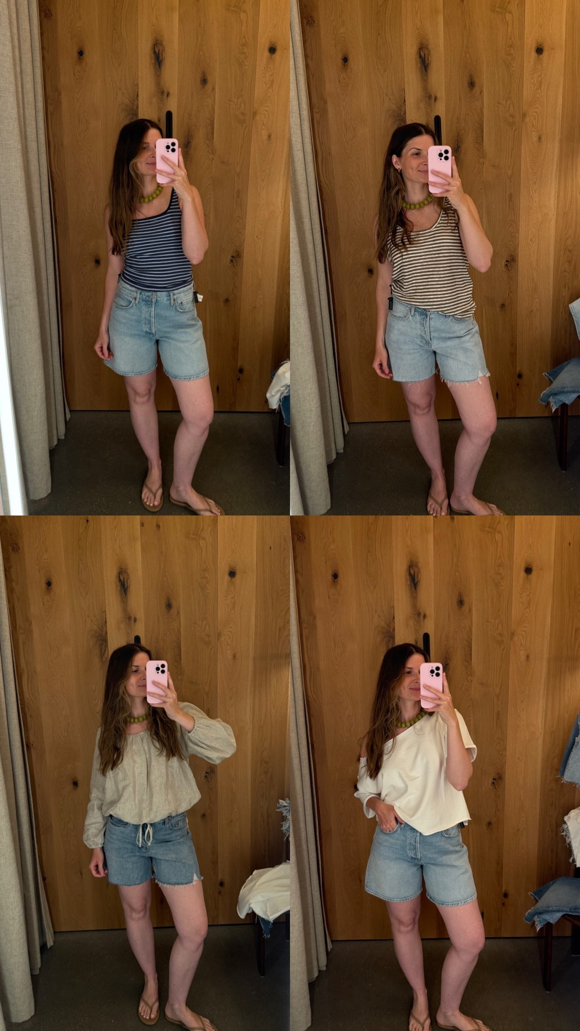 Medium in blue stripe tank, small linen stripe tank, medium in white sweatshirt tee and 28 in denim shorts postpartum!