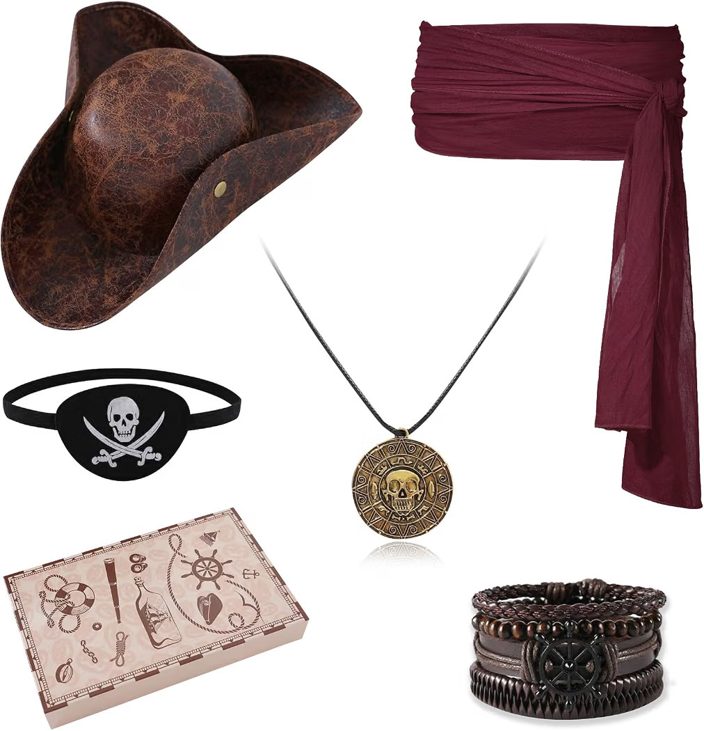 Pirate Accessories Set 5PCS Hat Eye Patch Necklace Sash Bracelet for Men Women Halloween Cosplay | Amazon (US)