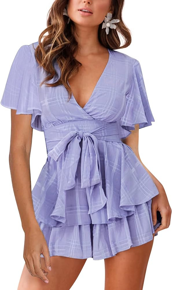 Relipop Women's Jumpsuit Floral Print V Neck Baggy Sleeve Waist Tie Double Layer Ruffle Hem Short... | Amazon (US)