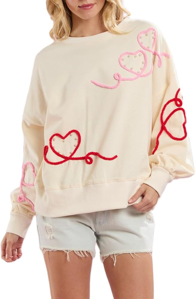 Women Sequin Valentine's Day Sweatshirt Heart Crewneck Long Sleeve Sparkly Pullover Top Cute Over... | Amazon (US)