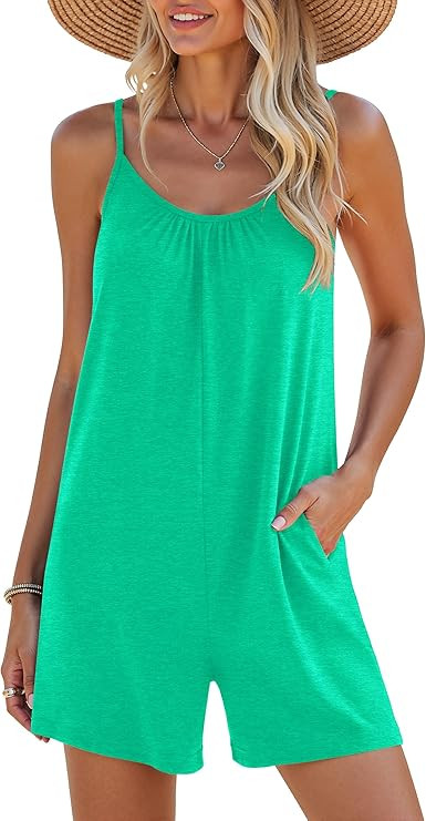 LILBETTER Womens Summer Casual Loose Rompers Sleeveless Stretchy Short Jumpsuits with Pockets | Amazon (US)