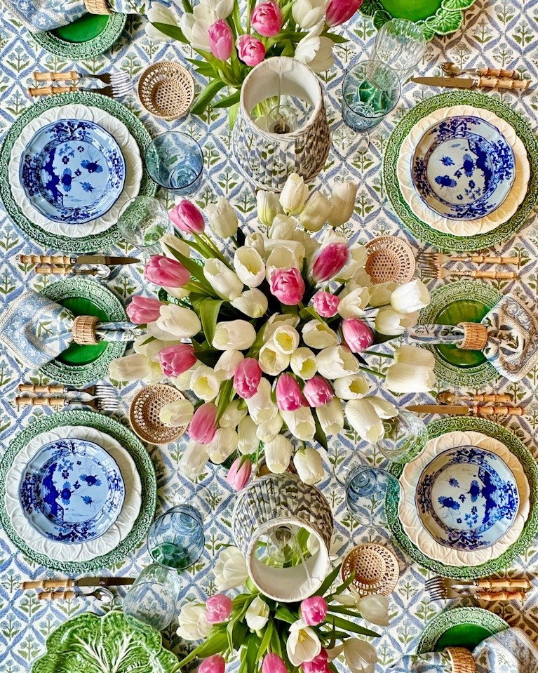 Spring tablescape featuring matching block printed napkins, tablecloth and lampshades 

#LTKfoodie #LTKHome #LTKSeasonal