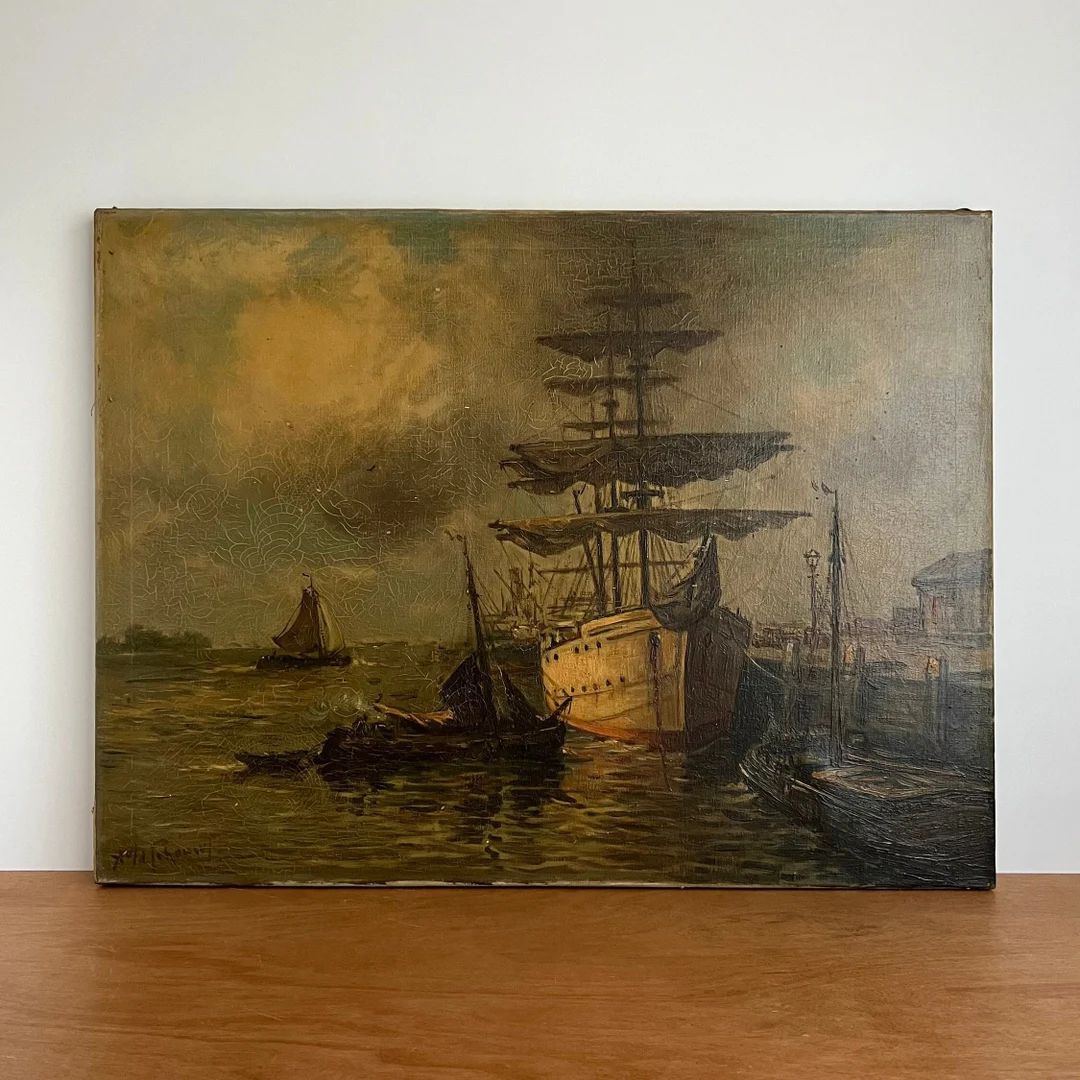 Large antique Dutch oil painting, moody seascape with moored sailing ships boats sailboats, cloud... | Etsy (US)