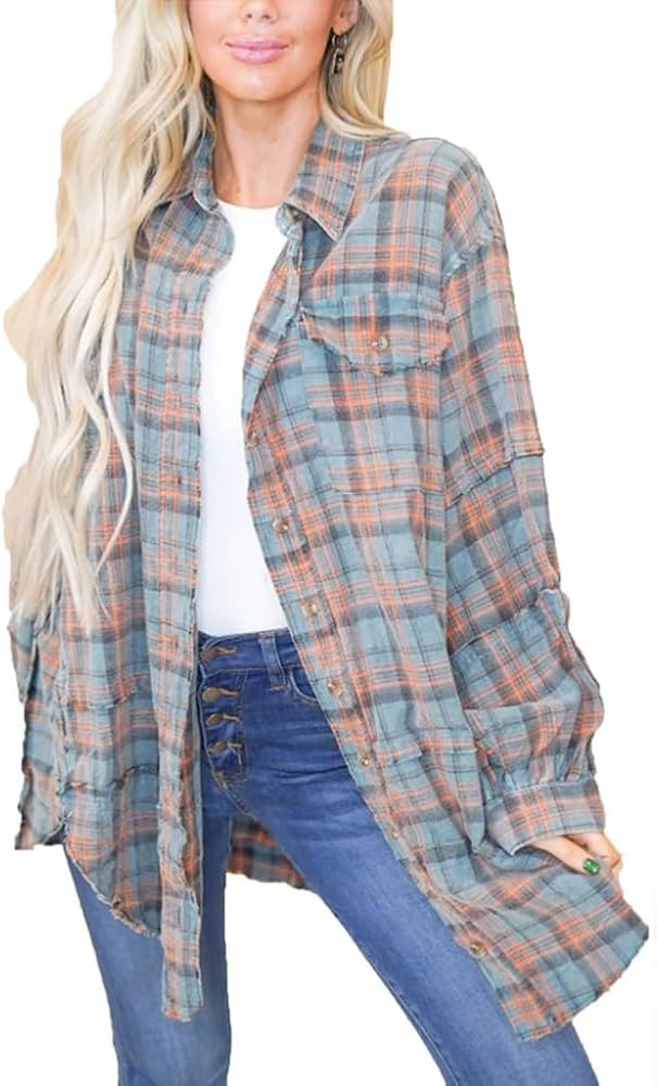 Women's Seams Raw Edge Washed Oversized Shirt Jacket with Pockets, Flannel Button Down Long Sleev... | Amazon (US)