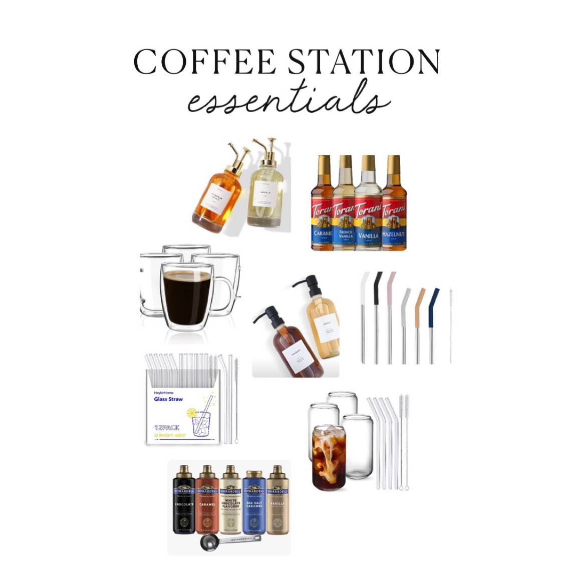 coffee station necessities🤍 coffee glasses, coffee cups, reusable straws, coffee syrups, coffee syrup dispensers, glass dispenser 

#coffeestation #coffeeessentials #coffeeglass #coffeecups #reuseablestraws #glassstraws #coffeedispensers

#LTKhome #LTKGiftGuide